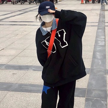 美式復古牛仔polo領半拉鏈衛衣女加絨加厚秋冬國潮牌刺繡上衣外套