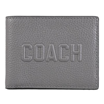 COACH 品牌立體LOGO荔枝紋皮革對開式6卡短夾(灰)