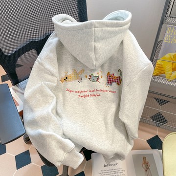 慵懶風  銀狐絨帽T 重磅帽T 刷毛帽T 小貓連帽衛衣女 韓系  小個子 上衣 顯瘦抗皺  刷毛女生上衣 大尺碼 多色