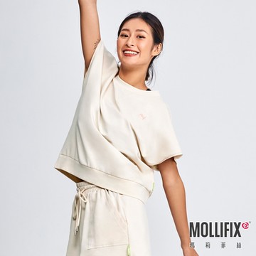 Mollifix 瑪莉菲絲 刺繡寬版短袖上衣 (米白)