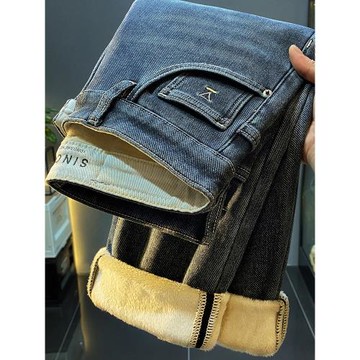 加絨加厚保暖休閑牛仔褲男士2025秋冬簡約百搭微寬松小腳修身褲子