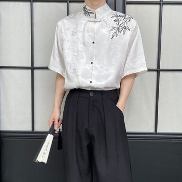 夏季復古新中式緞面提花長袖立領盤扣短袖襯衣男設計垂感半袖襯衫