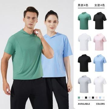 跨境夏季男女同款休閑短袖寬松潮流戶外跑步圓領短袖連帽短袖t恤