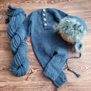 新生兒冬季藍色帽子/包裹/連身褲，聖誕照片道具。