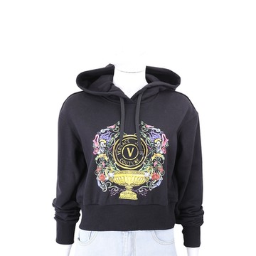 VERSACE 彩繪印花毛圈裡短版黑色純棉連帽運動衫 大學T(女款)