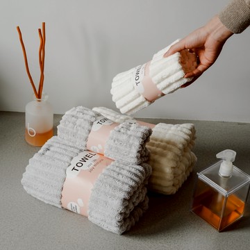 #新年開運 本月新品 【UD LAB】坑條珊瑚絨吸水毛巾 1小1大灰色+1小1大米色 四入組