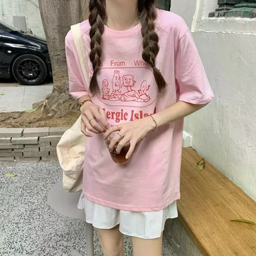 短袖T卹女  100%純棉女裝2026夏季甜美粉色小個子寬鬆中長款短袖T卹韓式溫柔上衣k