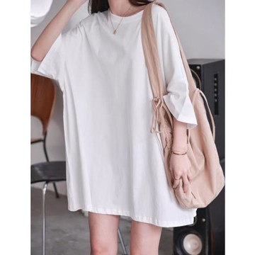 菲爾丹 包容到200斤 港味大廓形 BF風純色圓領落肩寬松短袖長T789