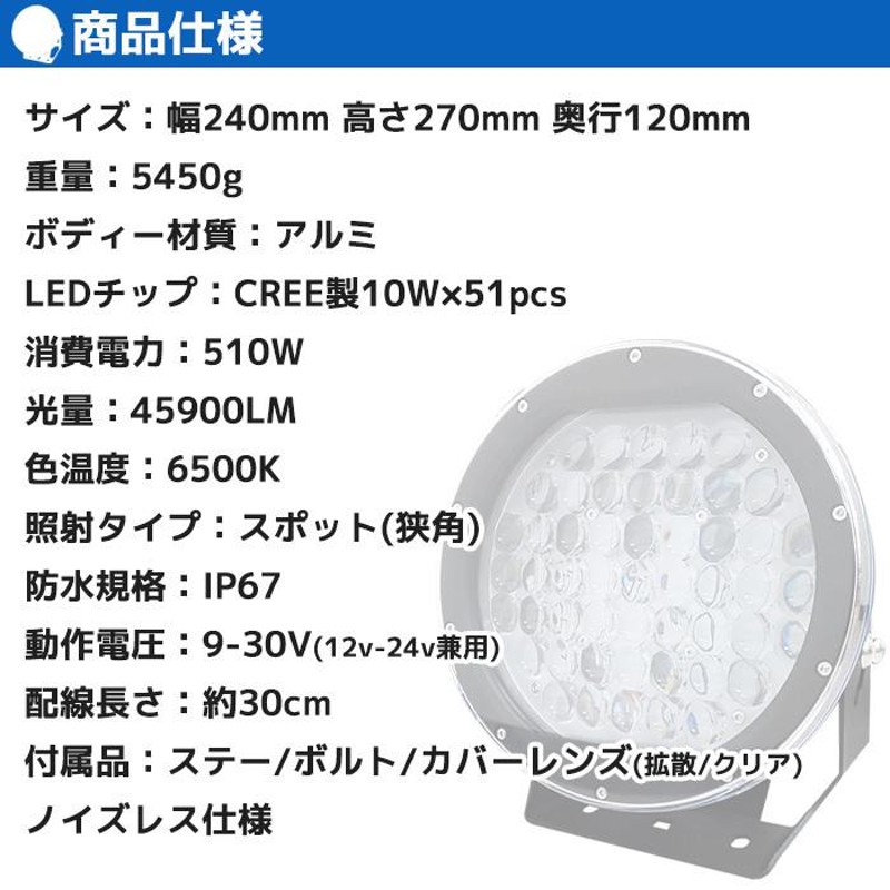 サーチライト 船 510w led 強力 船舶 24v 12v 狭角 スポット 作業灯