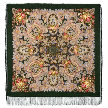 Pavlovo Posad 俄羅斯披肩 100% 羊毛圍巾 125x125 公分包裹式絲綢流蘇 1802-10