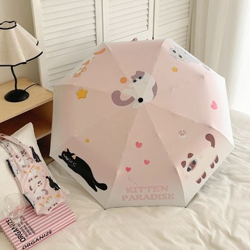 🌟防雨遮陽🌟卡通貓咪自動晴雨兩用摺疊便攜太陽傘黑膠防曬防紫外線遮陽傘學生折疊傘 自動傘 雨傘自動\t雨傘