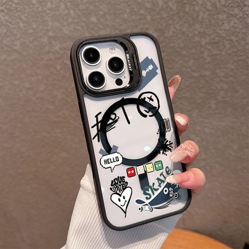 街頭塗鴉表情適用蘋果17/16promax手機殼iPhone15plus磁吸殼14亞克力13鏡頭支架12防摔11硬殼