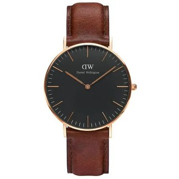 DW Daniel Wellington 經典淺紅咖啡皮革腕錶-金框/36mm(DW00100136)