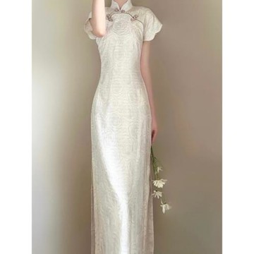 新中式改良旗袍連衣裙復古立領盤扣收腰顯瘦國風氣質開叉包臀長裙