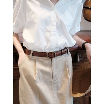 蔥木法式復古輕奢銅扣頭女士腰帶真皮2021新款皮帶寬簡約百搭針扣