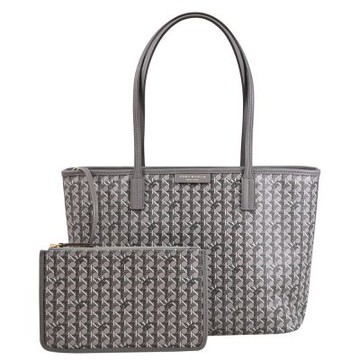 TORY BURCH EVER 燙金LOGO幾何花紋皮革子母肩背包/托特包(灰)