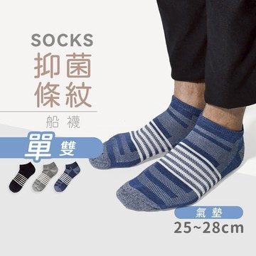 【MORINO】 MIT抑菌防臭條紋氣墊厚底船襪 L25~28cm MO33003-2 (運動/學生襪/男襪/中性襪)