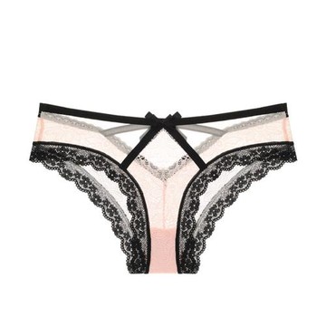 法式性感內褲女士透明超薄蕾絲鏤空粉色透氣蝴蝶結低腰三角褲提臀