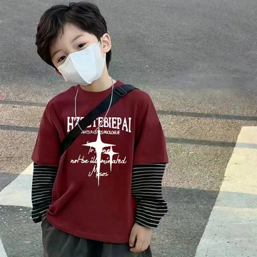 5千人收藏~新款兒童假兩件潮牌長袖純棉T恤春秋男童打底中大童帥氣上衣 兒童長袖T恤 男童長袖上衣 秋冬打底衫 中大童T恤