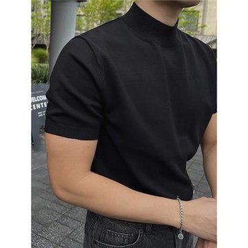 黑色半高領套頭針織T恤男士美式型男短袖毛衣潮流修身打底半袖衫