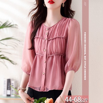 圓領純色單排金釦壓褶七分袖襯衫 M-2XL【653785X】【現+預】☆流行前線☆