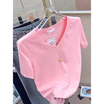 純棉V領寬松短袖t恤女洋氣2025夏裝新款設計感時尚百搭半袖上衣