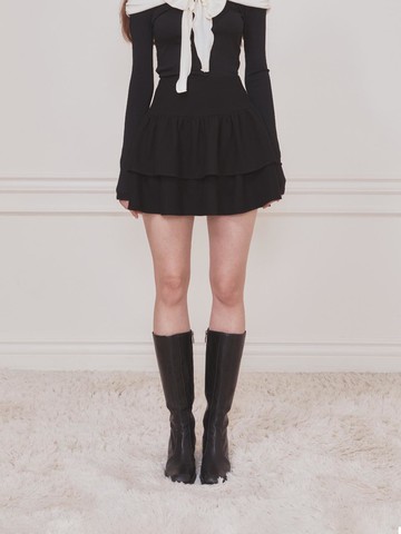 Wool Blend 2-Tier Cancan Slim Waist Skirt [Black]
