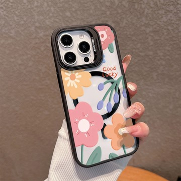 粉紫色花朵適用蘋果16promax手機殼iPhone15plus磁吸殼14pro亞克力13鏡頭支架12防摔11硬殼
