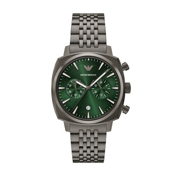 EMPORIO ARMANI 經典雙眼計時時尚腕錶-鐵灰X綠