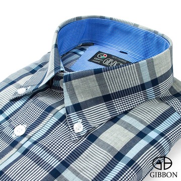 GIBBON 英倫風格紋休閒長袖襯衫‧水藍灰格