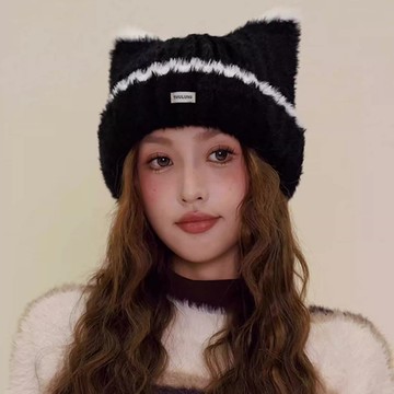 【梨花HaNA】限時加贈圍脖一條 暖心跳色貓耳絨毛帽