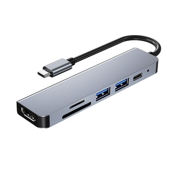 OMG TYPE-C轉HDMI 多功能六合一HUB拓展塢 4K高清 筆記本多功能分線器 USB轉換器 灰色