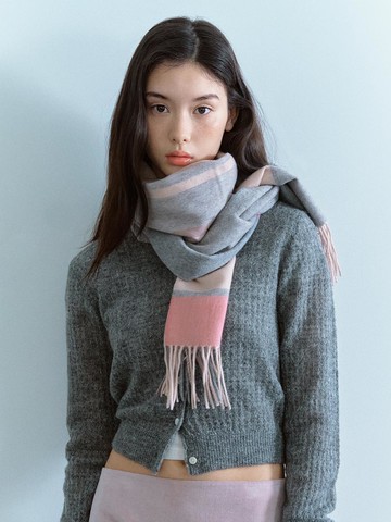 Long Wool Cashmere Check Muffler [Melange Pink]