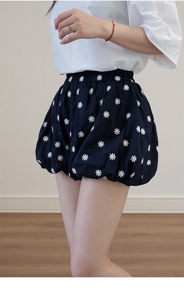 刺繡碎花朵高腰燈籠褲花苞南瓜超短褲