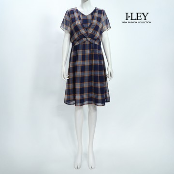 ILEY伊蕾 交錯假兩件格紋印花洋裝(深藍；M-2L)