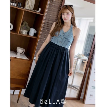 【夏季新品】BeLLA 牛仔繞脖拼接洋裝 藍色