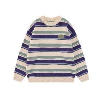 MOISHE TIDE潮牌復古撞色條紋圓領毛衣男女寬松學院風情侶針織衫