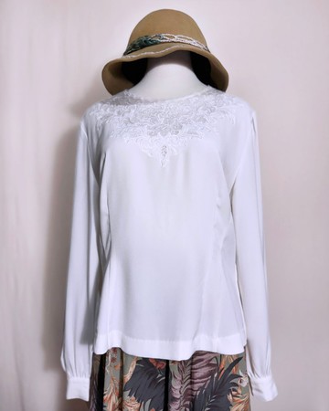 典雅蕾絲花朵刺繡長袖古著襯衫/ 國外帶回 VINTAGE