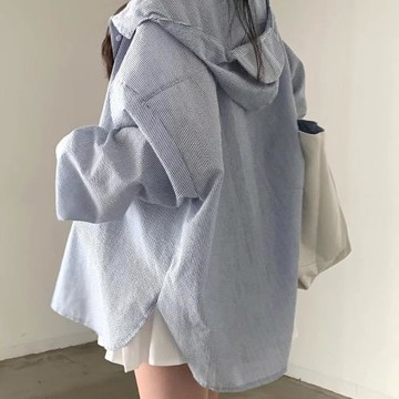 韓國chic春季復古減齡單排扣寬松休閑百搭連帽防曬長袖條紋襯衫女