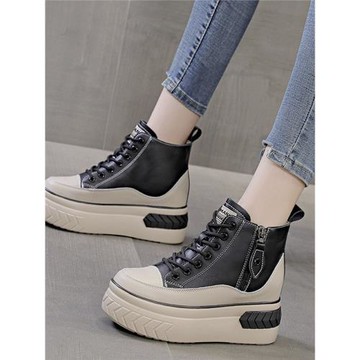 鞋子女秋冬加絨小個子內增高女鞋8cm真皮板鞋厚底松糕休閑高幫鞋