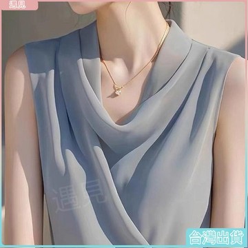 台灣熱銷👗法式藍色無袖雪紡襯衫女 高級感夏季新款 蕩領上衣 獨特气质小衫