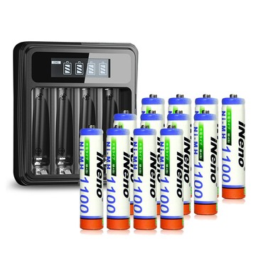 iNeno 超大容量鎳氫充電電池1100mAh (4號/AAA 12入) + 鎳氫電池專用液晶充電器UK-L575