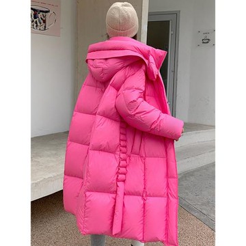 玫粉紅色中長款過膝羽絨服女2025冬新款韓版大碼加厚90白鴨絨外套