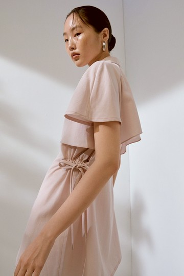層次感腰間抽繩長版襯衫  /玫瑰粉