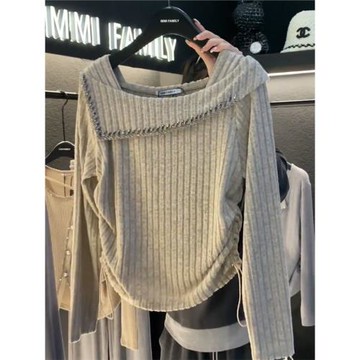 今年新款灰色針織衫女秋季季修身顯瘦設計感純色洋氣減齡外穿上衣