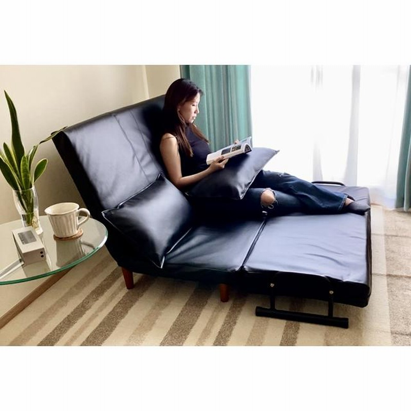 美品】レザーソファーベッド ダブル ブラック 幅178cm