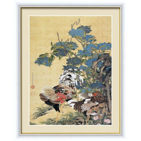 若冲 鳳凰 旭日〕〔動植綵絵額〕群鶏・白鳳・鶏 伊藤若冲 額装品（白