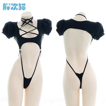 顯腿長~高叉泡泡袖綁帶水著 系帶內衣性感連體睡衣短T恤家居服