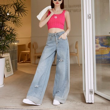 OB嚴選-純棉刷色拼接鬚邊刷破牛仔寬褲《BA7721-》