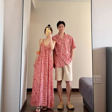 印花情侶裝 學生情侶裝 吊帶裙娜娜襯衫 夏天度假風 沙灘裙一裙一衣